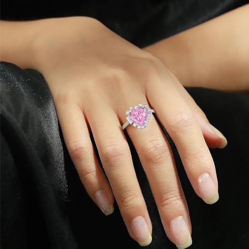 RUKYU 925 Sterling Silver Pink Ring - 9.22 CT Pink Heart Diamond Engagement Ring - Premium 18K White Gold Plated -Elegant Pink Rings for Women on Anniversary, Wedding(Size 6)