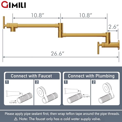 GIMILI Black and Gold Pot Filler Faucet Commercial Wall Mount Faucet Pot Filler Folding Faucet Stretchable Double Joint Swing Arm Pot Filler Copper Rotatable Wall Faucet