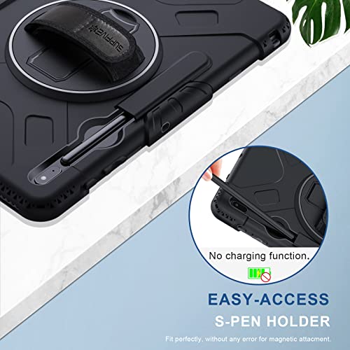SUPFIVES Case for Samsung Galaxy Tab S7 FE/ S8 Plus 12.4 Inch: [Upgraded Military Grade] Full-Body Rugged Protective Soft Silicone Cover - Kick Stand- Handle/Shoulder Strap- S Pen Holder- Black