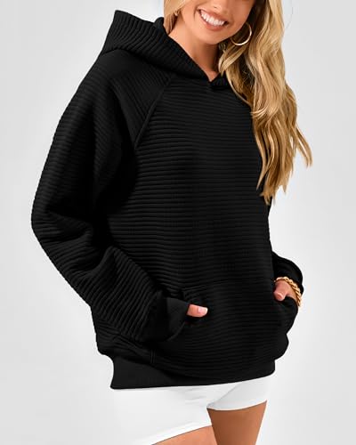 BTFBM Womens Oversized Hoodies 2024 Fashion Sweatshirts Long Sleeve Sweaters Pullover Tops Fall Clothes with Pocket(Solid Black,Small)