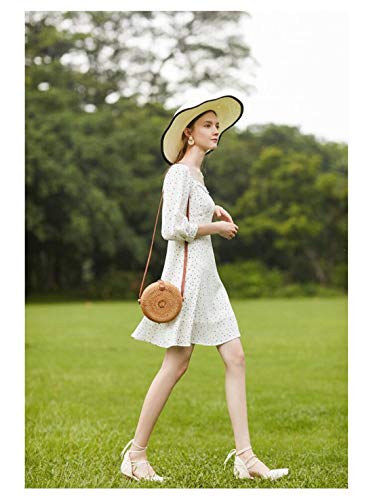Handwoven Round Rattan Bag Shoulder Leather Straps Natural Chic Hand