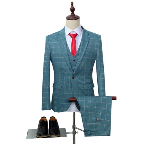Cloudstyle Men's Suit Plaid Modern Fit 3-Piece Suit Center Vent Blazer Jacket Tux Vest & Trousers Blue