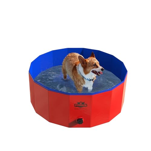 Portable Dog Pool for Large Dogs - Foldable Plastic Bathing Tub with Drain and Carrying Bag for Pets and Backyard Play with Kids by PETMAKER (Blue)