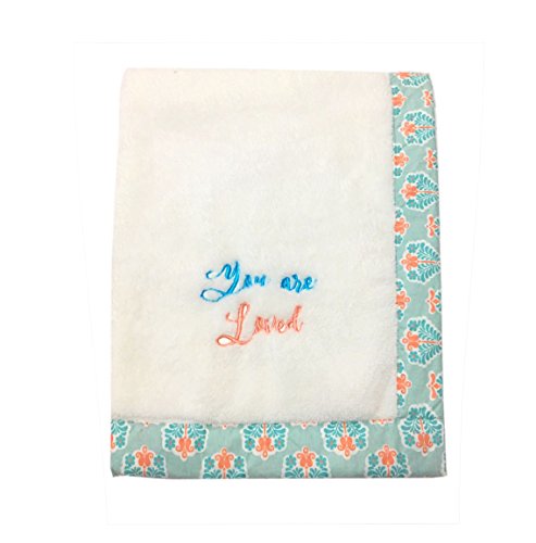 Bacati - Paisley Floral Plush Embroidered 30 x 40 inches Baby Blanket (Aqua/Coral Floret White)