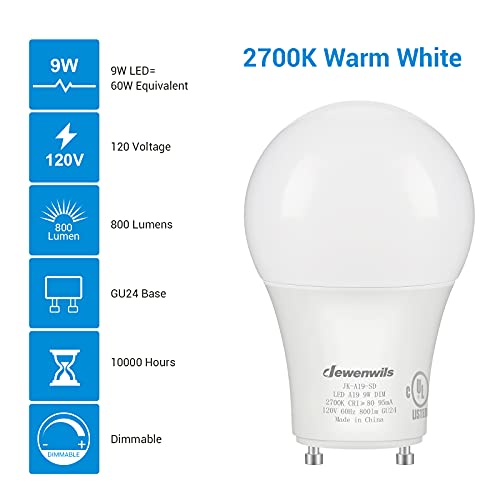 DEWENWILS GU24 LED Light Bulb, 60W Equivalent, Dimmable 2 Prong Light Bulbs, 2700K Warm White, 9W 800 Lumens, A19 Shape Bulbs, GU24 Twist Lock Base, UL Listed, 4 Pack