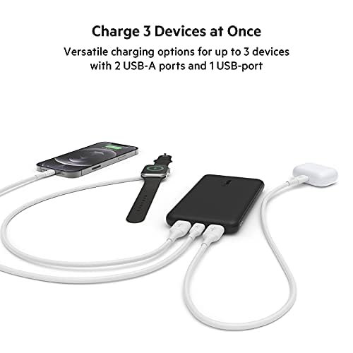 Belkin Power Bank, BoostCharge USB-C Portable Charger 10k w/ 1 USB-C Port and 2 USB-A Ports with USB-A to USB-C Cable for iPhone 16, 16 Plus, 16 Pro, 16 Pro Max, Samsung Galaxy S24, & More - Black