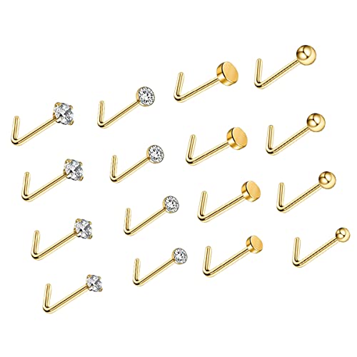 LuckyAmor 16PCS 20G Nose Rings Stainless Steel Set Gold Nose Rings with CZ Studs L Shape Nose Piercing Hoop Body Jewelry 16//17/20/28pcs (16PCS-Screw-Gold)