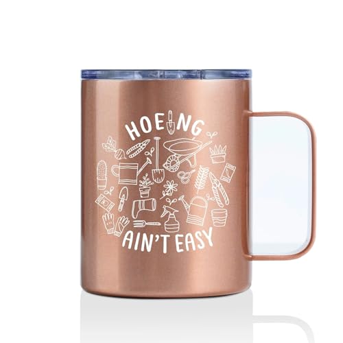 Onebttl Gardening Gifts for Women, Plant Lover Gifts for Gardening Lovers, Gardeners, Wife, Mom, 12oz Stainless Steel Coffee Mug Rosegold - Hoeing Ain't Easy