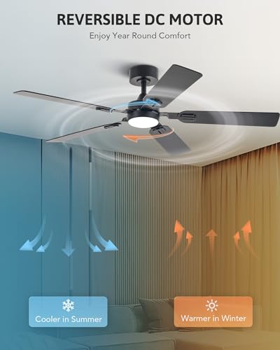 VONLUCE Ceiling Fans with Lights and Remote, 52" Ceiling Fan with 5 Blades, 6-Speeds Noiseless Reversible DC Motor for Farmhouse Bedroom Indoor, Black