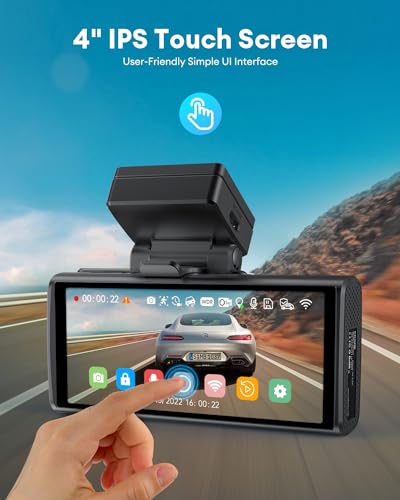AZDOME M580 5K 5GHz WiFi Dash Cam Front and Rear, Touch Screen 4 Inch, UHD 4K+1080P Car Dash Camera with 64GB Card, Dashboard Camera Built-in GPS, WDR Night Vision, 24H 4 Modes Parking Monitor