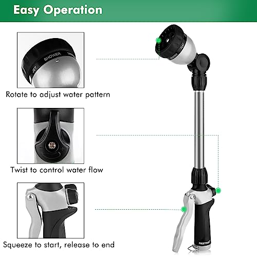 RESTMO Metal Watering Wand, Heavy Duty Garden Hose Wand with 180° Swivel Ratcheting Head, 16'' Hose Nozzle Sprayer with 7 Spray Patterns and Flow Control, for Water Hanging Baskets and Shrubs, Black