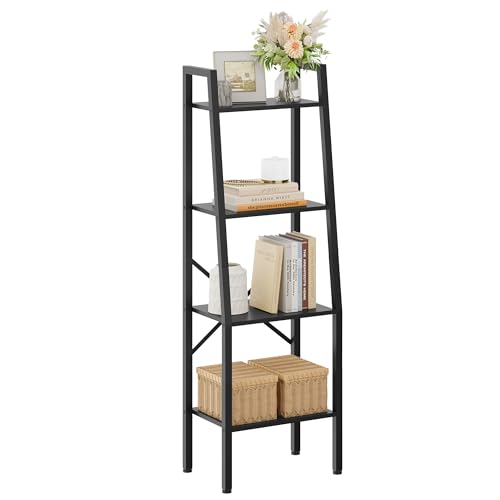 Hoctieon Ladder Shelf Bookcase, 4-Tier Ladder Bookshelf, Tall Bookshelf with Metal Frame, Industrial Bookshelf Ladder, for Living Room, Kitchen, Home Office, Bedroom, Simple Assembly, Black