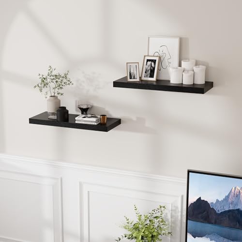 Fun Memories Deep Floating Shelves for Wall, 24W x 9.3D Black Floating Shelves Set of 2, 9.3" Deep Large Wood Shelves for Living Room Bathroom Laundry Room Bedroom Kitchen Home Office - Black
