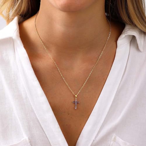 Cross Necklace for Women Dainty Gold Cross Birthstone Necklace 14K Gold Plated Cross Pendant Necklaces for Women Trendy Gold Jewelry Gifts