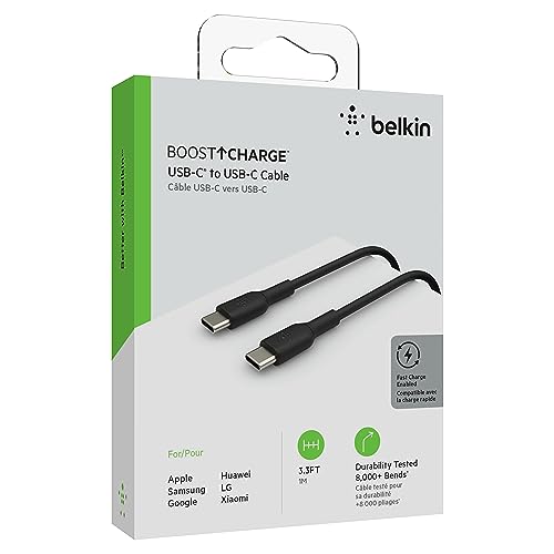 Belkin USB-C to USB-C Cable (1M/3.3ft), USB-C Fast Charging Cable for iPhone 15, iPhone 15 Pro, iPhone 15 Pro Max, iPhone 15 Plus, Galaxy S23, S22, Note, Pixel, iPad Pro, USB Type-C Cable - Black