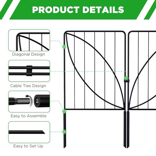 UIRWAY 10 Panels Garden Fences and Borders, Total 10.8ft(L) x 24in(H) Decorative Garden Fence with Leaf Pattern, Rustproof Metal Rabbit Fence for Garden, Small Garden Edging Fence for Outdoor