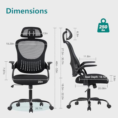 SMUG Office Desk Computer Chair, Ergonomic High Back Comfy Swivel Gaming Home Mesh Chairs with Wheels, Lumbar Support, Adjustable Headrest,Comfortable Pillow,Soft Arms,120°tilt for Bedroom,Study,Black