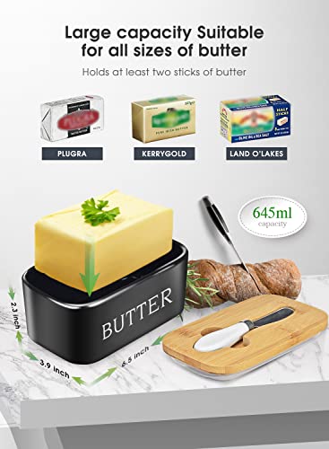 AISBUGUR Butter Dish with lid Ceramics Butter Keeper Container with Knife and High- quality Silicone Sealing Butter Dishes with Covers Good Kitchen Gift, Set of 2, Black