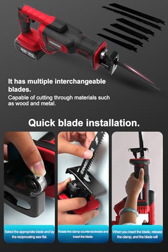 Cordless Reciprocating Saw, 2 x 4.0Ah Battery,Cordless Variable Speed, Saw Blades Kit for Wood/Metal/PVC Cutting RED