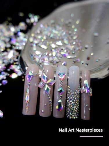 AMLAVIFISH 6080PCS AB Rhinestones for Nails, Nail Gems with Special-Shaped Diamonds, 3D Decorations Flat Back Stones Gems Set, Acrylic Nail Mix Sizes Nail Charms(Picking Pen&Tweezers Included)