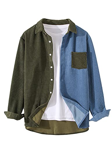 UANEO Mens Shacket Patchwork Long Sleeve Button Down Corduroy Shirts for Men (ArmyGreen-S)