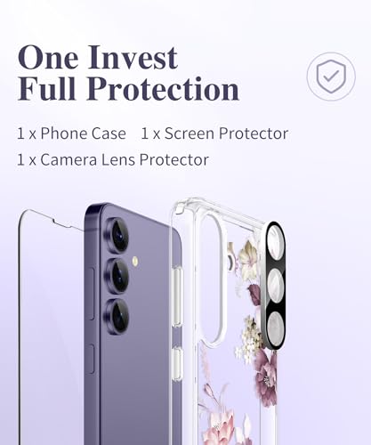 GVIEWIN for Samsung Galaxy S24 Case Floral, with Screen Protector & Camera Lens Protector, Hard PC&TPU Bumper Clear Shockproof Protective Women Phone Cover 6.2" (Cherry Blossoms/Purple)