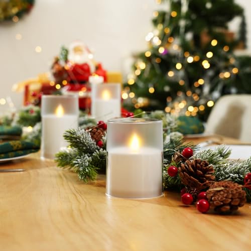 Homemory Realistic Flickering Flameless Candles with Dancing Flame, LED Candles, Battery Operated Candles with Remote and Timers, Frosted Acrylic, Outdoor Waterproof, Ivory, Set of 3