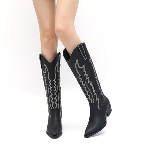 GLOBALWIN Women's White Lass Knee High Long Pointed Toe Boots Western Cowboy Cowgirl Boots Size 11M
