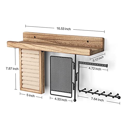 SOLIMINTR Hanging Jewelry Organizer Wall Mount with Rustic Wood Shelf, Ring Display Box, Ear Studs Earring Holder, Rotating Necklace Holder Organizer