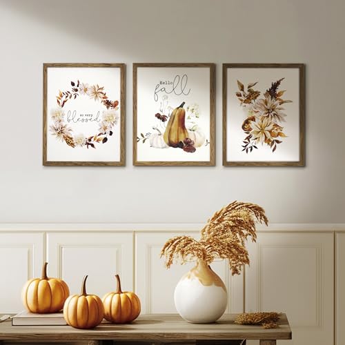 ArtbyHannah Fall Wall Decor Framed Fall Wall Art,Botanical Fall Pictures Wall Decor with Pumpkins Prints Rustic Autumn Decor Fall Decorations for Home Office Living Room(11x14IN 3Pack Brown Framed)