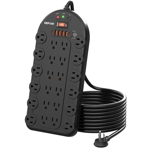 DEPOW Power Strip, 24 AC Outlets (1875W/15A) with 6 USBs (2 USB-C Ports), ETL Listed, Surge Protector (3,400 Joules), 8 Ft Heavy Duty Flat Plug Extension Cord, Wall Mountable for Home, Office, Black