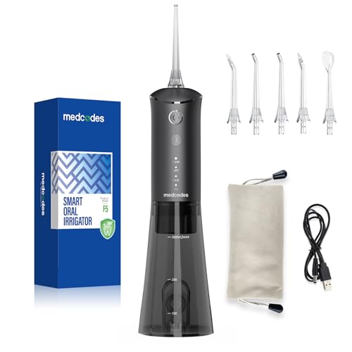Medcodes Water Dental Flosser Pick for Teeth - 3 Modes Cordless Oral Irrigator 300ML Portable with 5 Jet Tips, 40 Days Rechargeable IPX7 Waterproof Water Dental for Cleaning for Home Travel(Black)