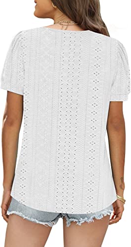 ETCYY Womens Tops Causal Puff Sleeve Summer Tops Trendy Cute Print Lace V Neck Solid Color Loose Fit Short Sleeve Shirts(M,C Lace Flower Gradient Blue)