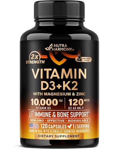 Vitamin D3 K2 - Vitamin D3 10000 iu & K2 as MK-7 120 mcg - Immune & Mood Support, for Bone & Teeth Health - with Magnesium, Zinc & Vitamin C & B12 - Highly Bioavailable - Made in USA, 120 Capsules