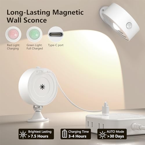 DEALGADGETS LED Wall Lights 2Pcs, Motion Sensor Light Indoor with Rechargeable Battery Operated, Dimmable & 3 Color Temperatures, 360° Rotation & Magnetic for Bedside, Hallway, Stair