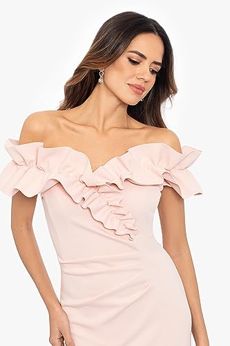 Xscape Women's Long Stretch Scuba Crepe Ruffle Collar Ruched Dress, Blush