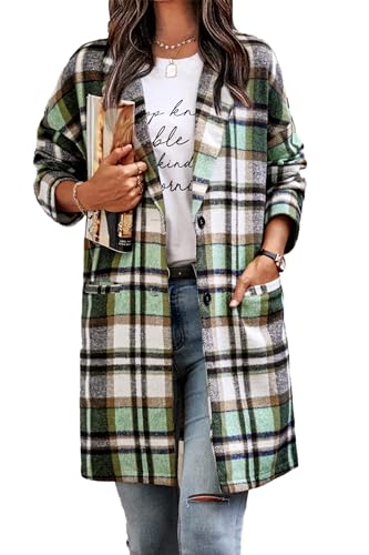 IN'VOLAND Plus Size Flannel Plaid Shacket Jacket for Women Lounge Lapel Wool Button Down Tartan Long Jacket Coats