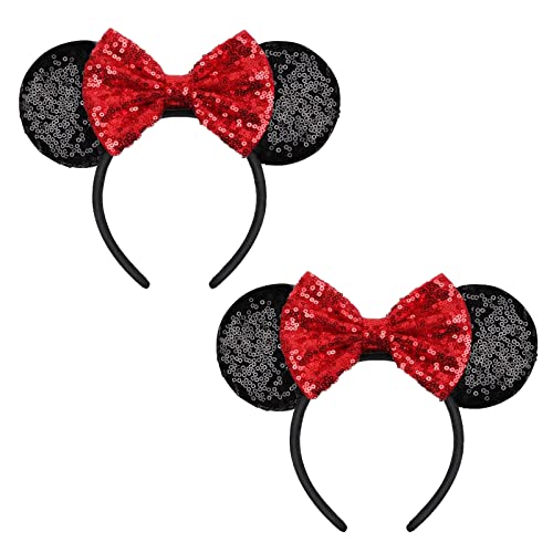 YUNISS 2 PCS Mouse Ears, Shiny Red Sequin Bow Mouse Ears Headbands for Adult Women Girls Christmas Birthday Party (Red)