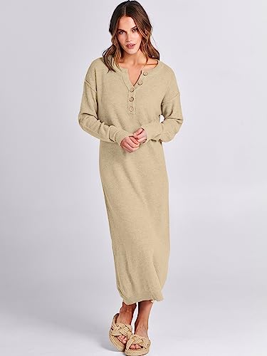 ANRABESS Women Long Sleeve Button V Neck Oversized Casual Loose Fit Waffle Knit Fall Midi Sweater Dress 2024 Trendy Outfits Green Large