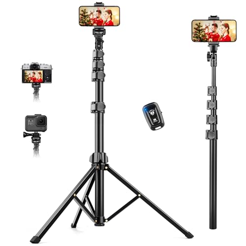 Phone Tripod, 70" Tripod Stand for Phone & Camera, Phone Tripod Stand with Remote and Phone Holder, Cell Phone Tripod for Recording/Vlogging/Live Streaming, Compatible with iPhone & GoPro