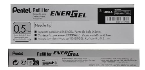 Pentel EnerGel Liquid Gel Pen Refill, 0.5mm, Needle, Black, Box of 12