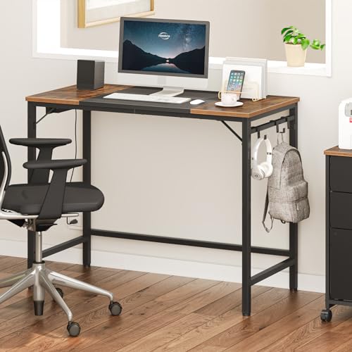 HOOBRO Computer Desk, Home Office Desk with Power Outlet, Modern Study Writing Desk with 3 Hooks for Study Room, Home Office, Sturdy and Stable, Easy to Assemble, Charcoal Gray and Black BC40UDN01