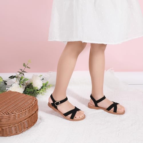 PANDANINJIA Elva Girls Sandals Open Toe Cute Flats Dress Sandals Cross Strappy Summer Shoes Toddler/Little Kid/Big Kid (Tan Pu, 12 M US Little Kid)