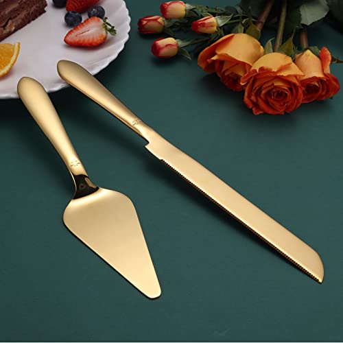 Eisinly Cake Cutting Set for Wedding, Elegant Knife and Server with Thickened Stainless Steel Rounded Edges, Cutter Pie Spatula Birthday Anniversary Christmas Gift of 2, Gold