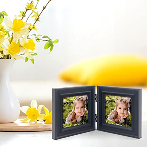 Double 4x4 Wood Photo Frame, Hinged Picture Frames, with Glass Front, Fit for Stands Vertically on Desk Table Top or Wall Hanging (Window 3.5 x 3.5 Picture, Black Color)