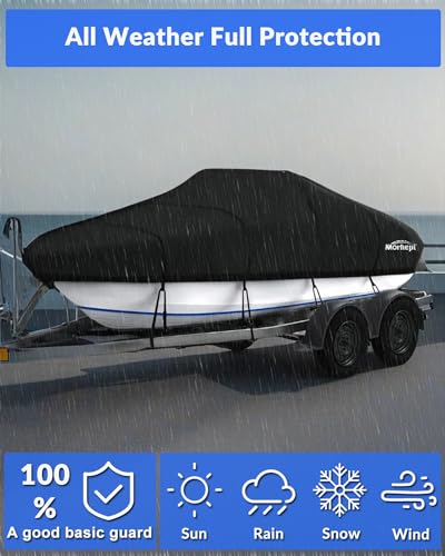 Morhept Waterproof Boat Cover 12-14 ft, Upgraded Bass Tracker Boat Cover for Mooring Towing, All-Weather Heavy Duty Boat Tarp Covers Fits Runabout, V-Hull, Tri-Hull, Black