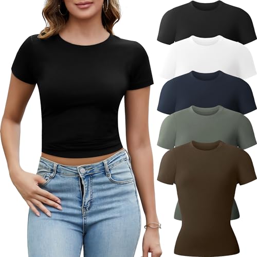 TYCTOS 5 Pack Crew Neck T Shirts for Women Daily Casual Womens Fitted Tshirt Basic Tops for Women Stretchy Womens Tees 5 Pack: Dark Blue&Olive Green&Black&White&Nude Small