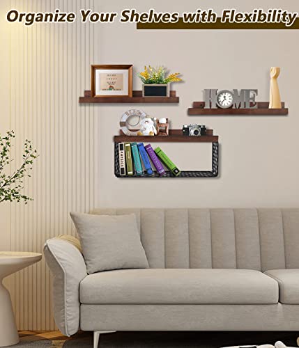 DABIGE Wall Mounted Floating Shelves, 3 Sets Wood Bathroom Shelves with Wire Storage Basket & Hooks, Farmhouse Floating Shelf for Wall Decor, Bedroom, Living Room, Kitchen, Plants, Books – Black