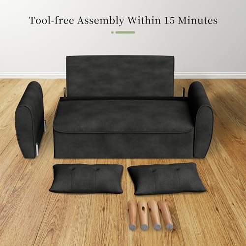 Vongrasig 47" Small Modern Loveseat Sofa, Mid Century Linen Fabric 2-Seat Sofa Couch Tufted Love Seat with Back Cushions and Tapered Wood Legs for Living Room, Bedroom and Small Space (Black)