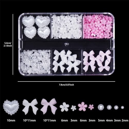 3D Pink Color White Flower Nail Charms Acrylic Bowknots Heart Nail Charms Tiny Flower Heart Pearls Nail Art Charms with Flatback Round Pearls Beads Charms for Nail Art DIY Crafting Decal Accessories